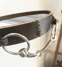 Load image into Gallery viewer, 10&quot; petite nubuck leather-framed equestrian mirror with nickel-finish snaffle bit.