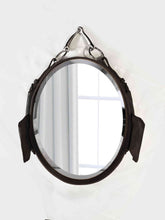 Load image into Gallery viewer, 12&quot;x16&quot; petite blinder leather mirror oval with Amish harness and nickel-finished snaffle bit hanging.