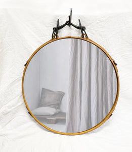 24"  Black and Tan Leather Circle Mirror with Antique Iron Bit - Horse harness, horse decor mirror