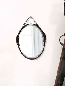 12"x16" Hackamore IV Bridle Mirror with black leather frame and nickel-finished snaffle bit hanger.