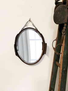 12"x16" petite blinder leather mirror oval with unique design and nickel-finished snaffle bit hanger