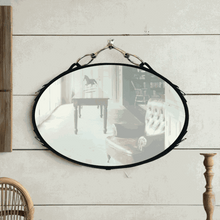 Load image into Gallery viewer, Oval leather equestrian mirror with genuine nickel-finish snaffle bit, horizontal, 30&quot;x22&quot;, rustic decor.