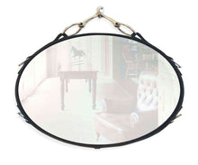 Load image into Gallery viewer, 30” x 22&quot; leather equestrian oval mirror with genuine nickel-finish snaffle bit décor, handcrafted.