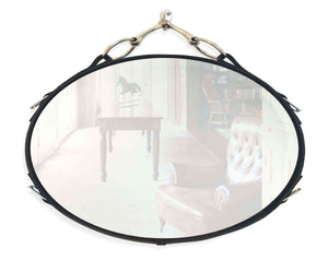 30” x 22" leather equestrian oval mirror with genuine nickel-finish snaffle bit décor, handcrafted.