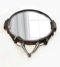 Load image into Gallery viewer, Oval equestrian leather mirror with snaffle bit, handcrafted horse harness decor.