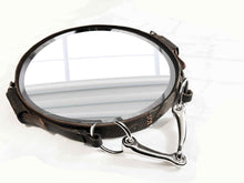 Load image into Gallery viewer, 12&quot;x16&quot; Petite Hackamore IV Equestrian Leather Mirror with Nickel-Finished Snaffle Bit Hanging; Unique Oval Rustic Decor.