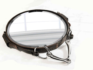 12"x16" Petite Hackamore IV Equestrian Leather Mirror with Nickel-Finished Snaffle Bit Hanging; Unique Oval Rustic Decor.