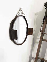 Load image into Gallery viewer, 12&quot;x16&quot; petite blinder leather mirror oval with Amish harness; unique farmhouse decor design