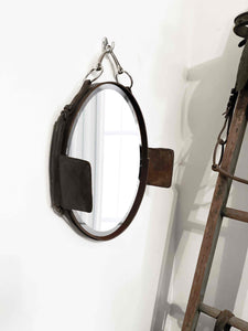 12"x16" petite blinder leather mirror oval with Amish harness; unique farmhouse decor design