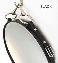 Load image into Gallery viewer, 26&quot; Snaffle Mirror with black leather frame and nickel-finish snaffle bit detailing.