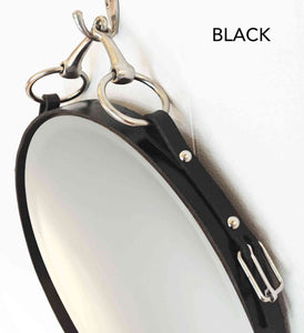 26" Snaffle Mirror with black leather frame and nickel-finish snaffle bit detailing.