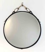 Load image into Gallery viewer, 26&quot; Snaffle Mirror with leather frame and nickel-finish bit, handcrafted equestrian decor.