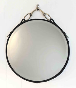 26" Snaffle Mirror with leather frame and nickel-finish bit, handcrafted equestrian decor.