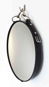 26" Snaffle Mirror with black leather frame and nickel-finish snaffle bit detailing.