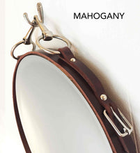 Load image into Gallery viewer, Mahogany leather-framed 26&quot; snaffle mirror with nickel-finish bit.